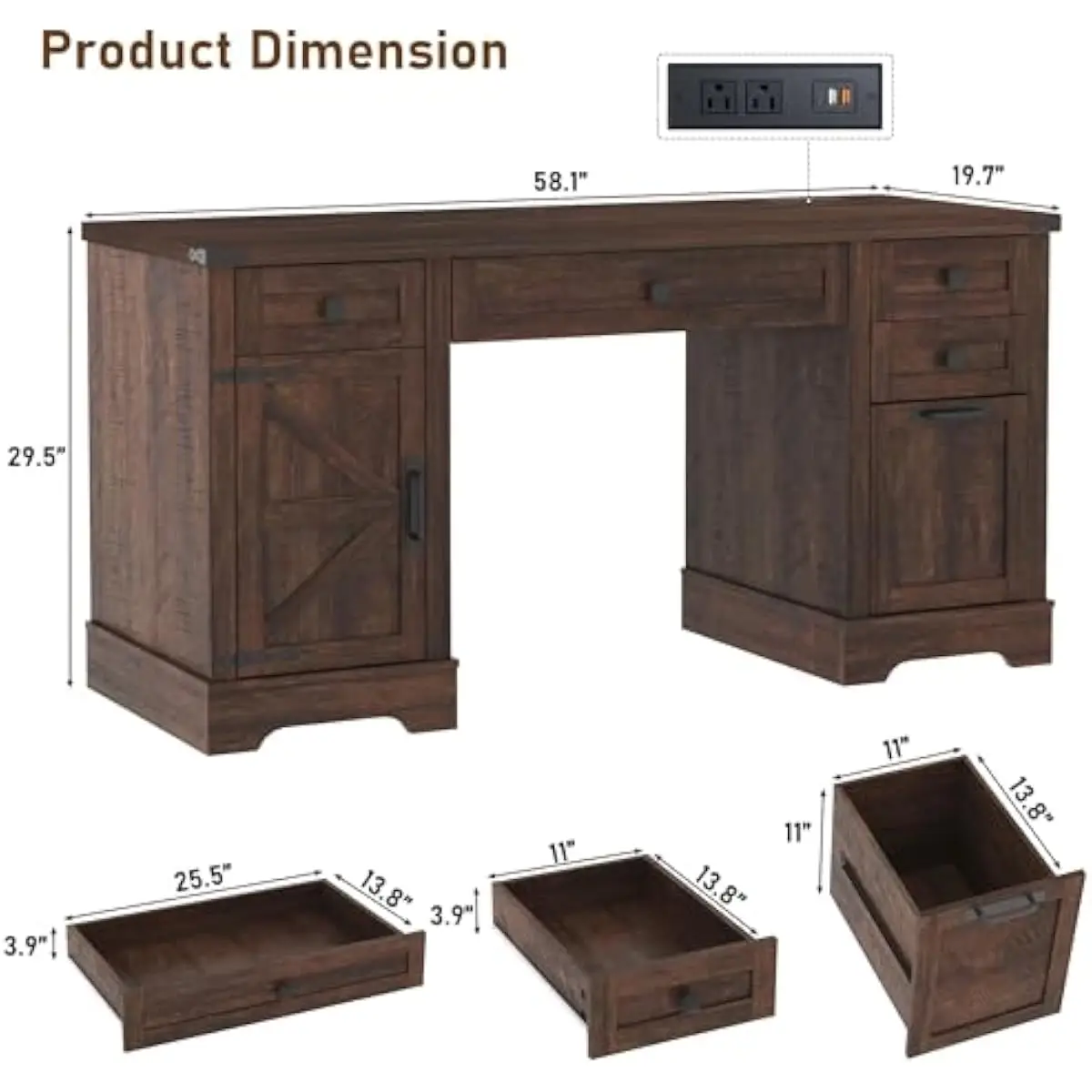 58 Inch Rustic Farmhouse Desk with Integrated Charging Hub USB C AC Outlets Spacious Work Surface 19.7 Depth Multiple Sliding Dr