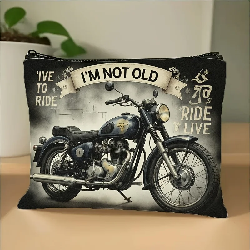 1 Piece Motorcycle Print Makeup Bag - Multifunctional Zipper Pouch for Women, Perfect Travel Zipper Storage Bag, Fun Birthday Gift