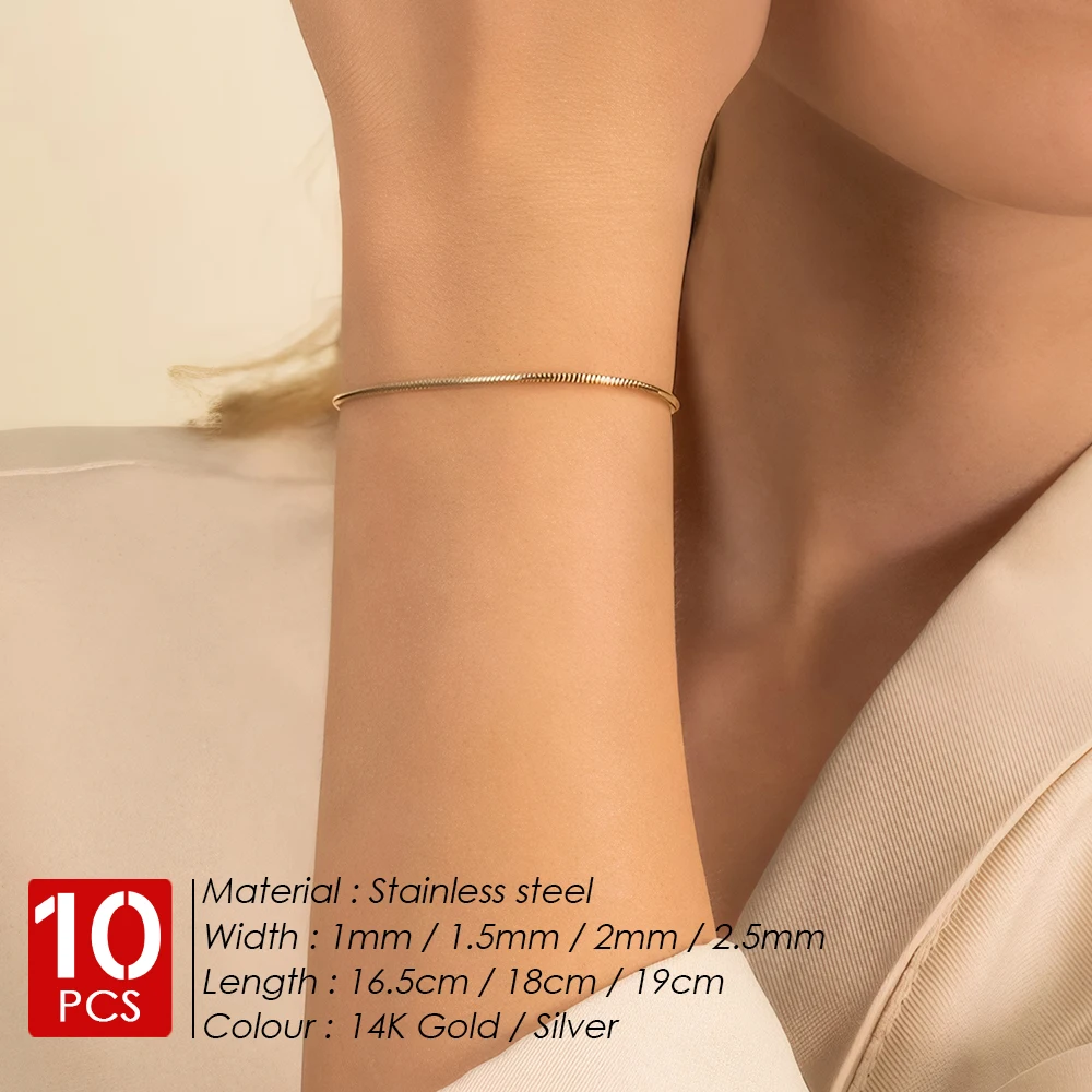 EMANCO 10PCS Wholesale Fashion Stainless Steel Simple Snake Link Chain Bracelet Trendy Jewelry for Men and Women