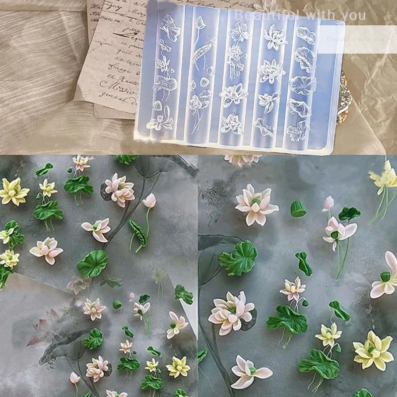 Molde de silicone para unhas de lótus, ferramenta de design de manicure transparente 3d, modelo de escultura ideal para arte em unhas com folhas de lótus diy