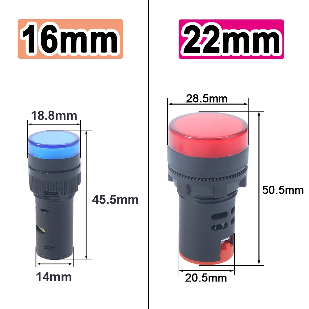 1PC 16mm 22mm Plastic 12V24V220V Panel Mount LED Power Indicator Pilot Signal Light Lamp Red Green Blue White Yellow Amber