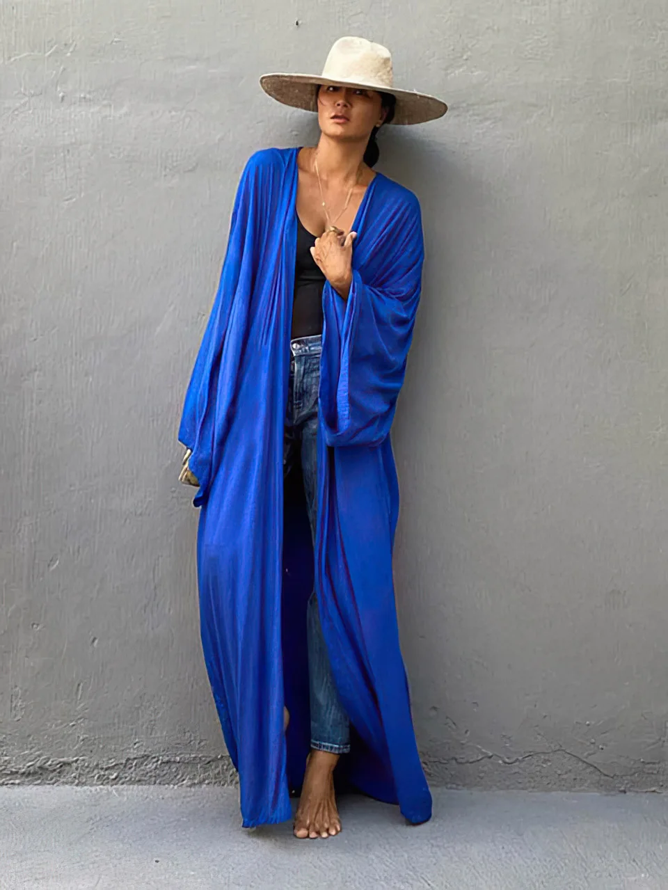 Solid Swimsuit Cover-Ups Kimono Pareo Have Belt Tunic Robe Holiday Outing 2024 Summer Women Beach Outfits Long Dress Beachwear