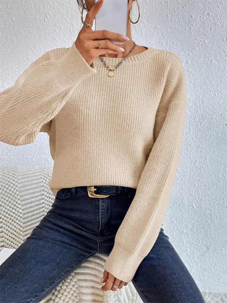 

"Women's Loose Knit Sweater Long Sleeve Round Neck Pullover Winter Warm Top Casual Solid Color Autumn Clothing Basic T-Shirt"