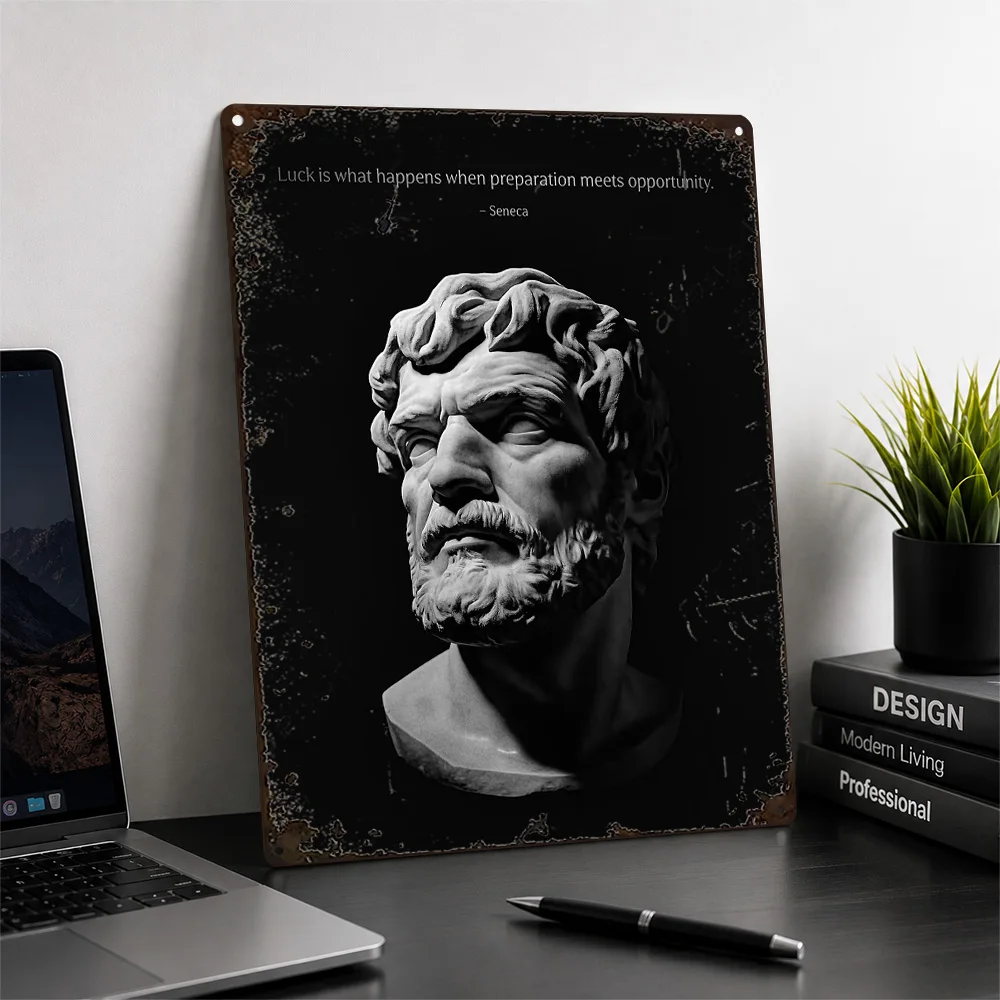 Seneca Quote Classical Bust Textured Metal Poster Monochrome Wall Art For Home Office Personalized Aluminum Sign Thinker Gift
