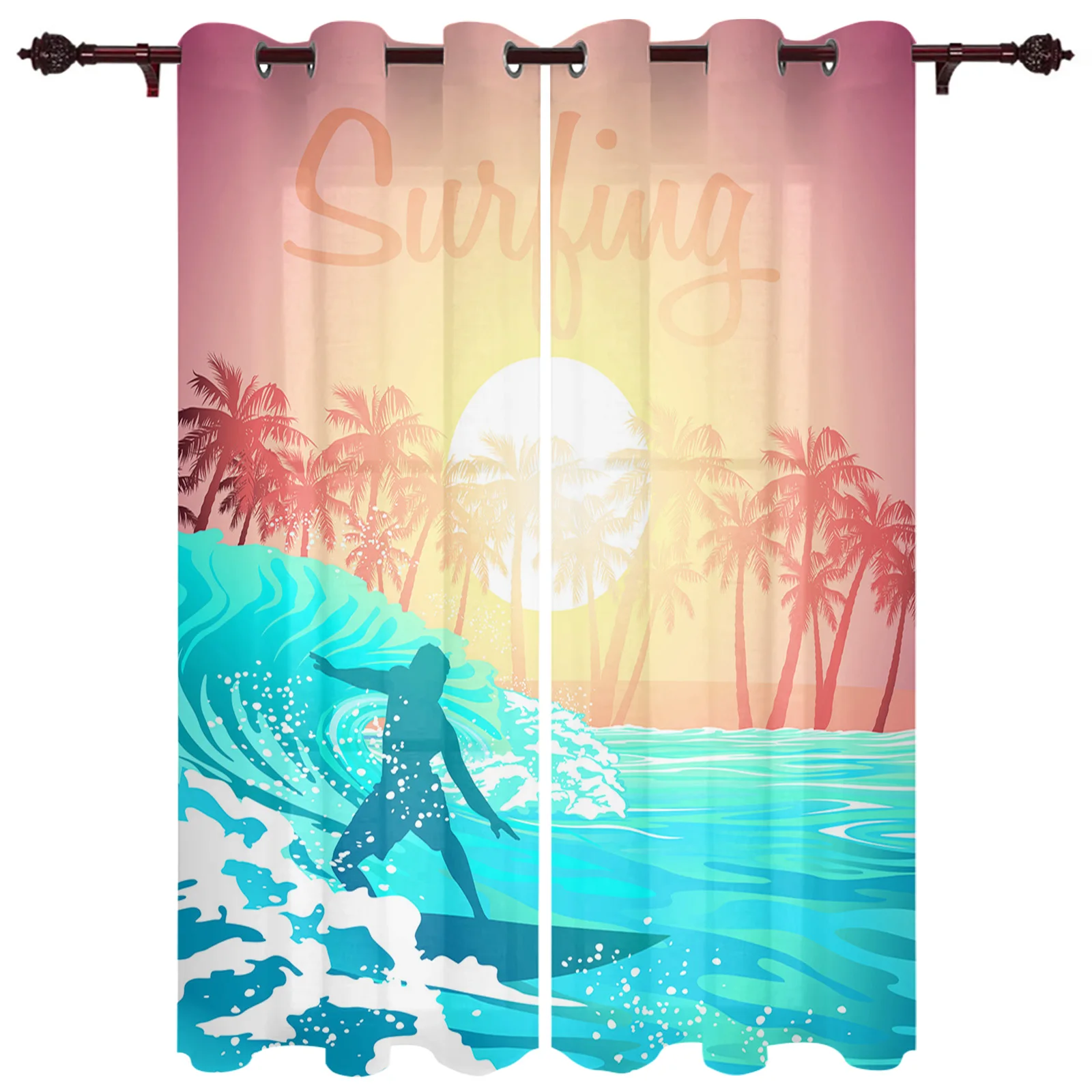 Surfing Waves Sunset Coconut Trees Curtains Modern Living Room Decor Window Treatments Drapes  Balcony Kitchen Valance Curtain