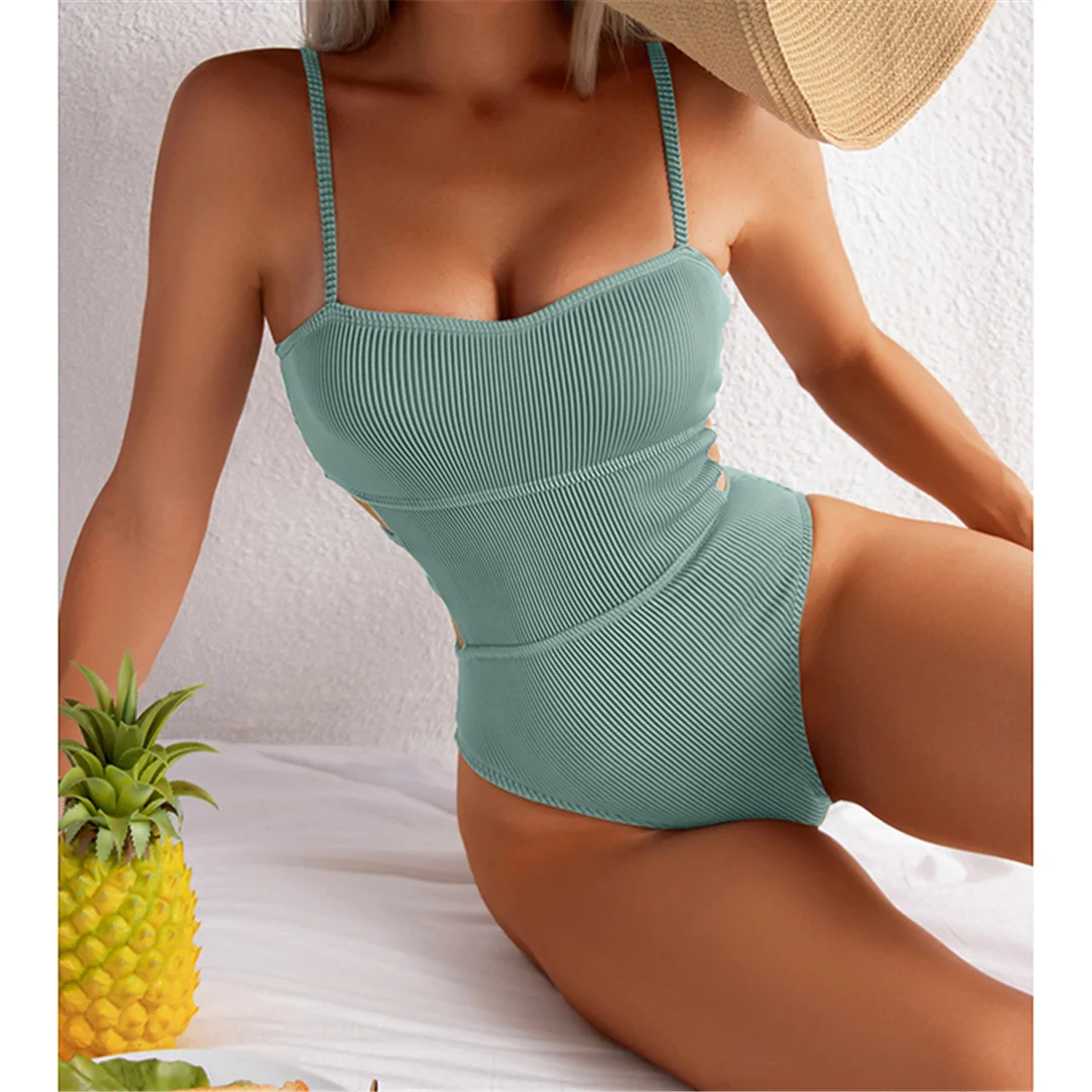 S - XL, 11 Farben, gerippter Badeanzug mit Ausschnitten, einteiliger Badeanzug für Damen, Badebekleidung für Frauen, Badeanzug mit hohem Beinausschnitt und Polsterung, Badeanzug für Damen, V3404. – Detail 31