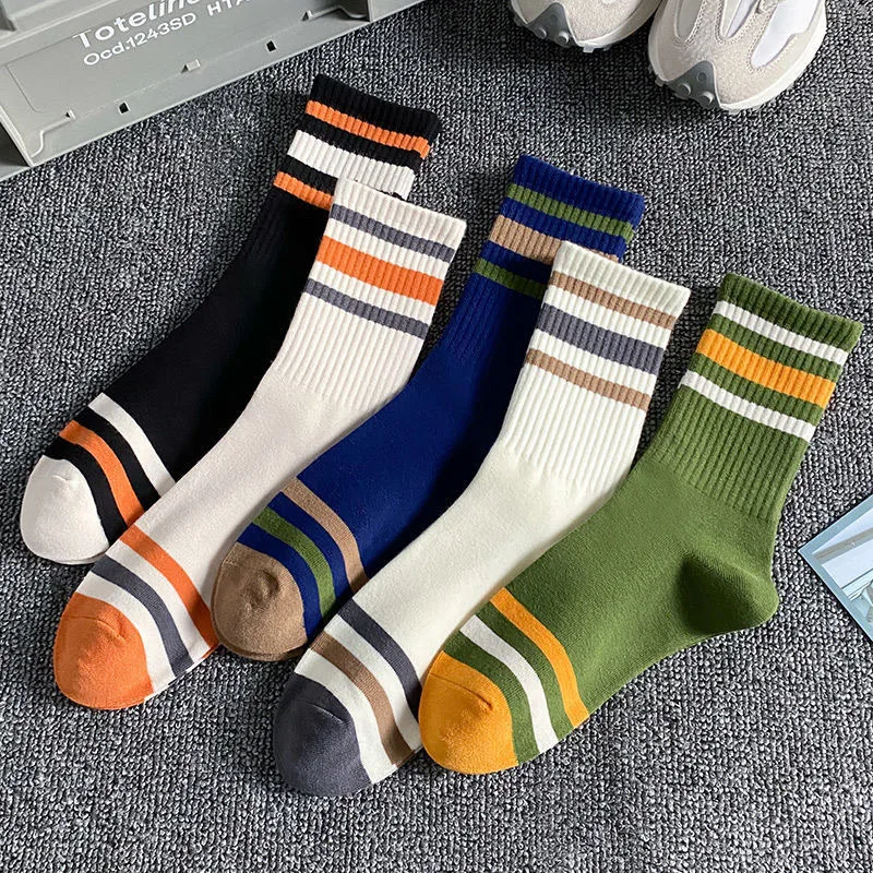 5 Pairs Men Autumn And Winter Striped Sports Socks Comfortable Breathable Wear-resistant Warm Polyester Cotton Mid Tube Socks