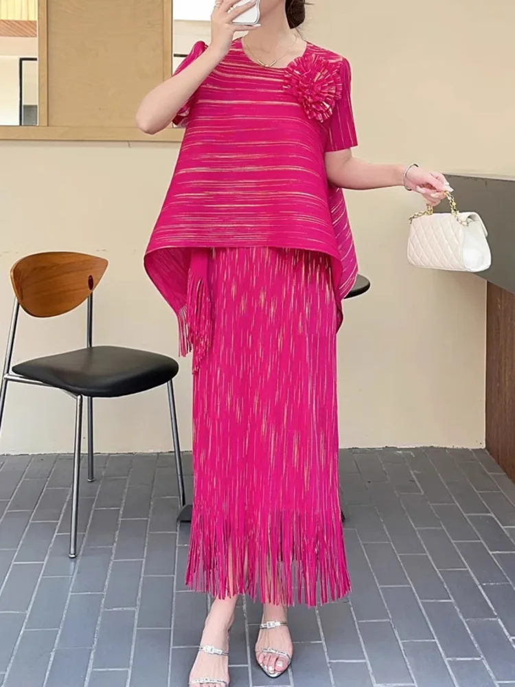 WHTREND-Conjuntos plisados para mujer, camisa holgada Irregular con flores y faldas largas con borlas, ropa de moda femenina, conjunto de 2 piezas