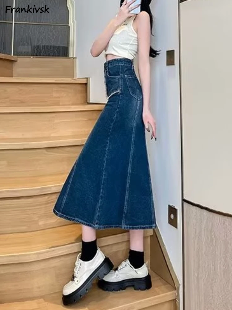 S-5XL Long Skirts Women Y2k Vintage Korean Style Chic All-match Summer Denim Basic High Street Midi College Faldas Mujer Cozy