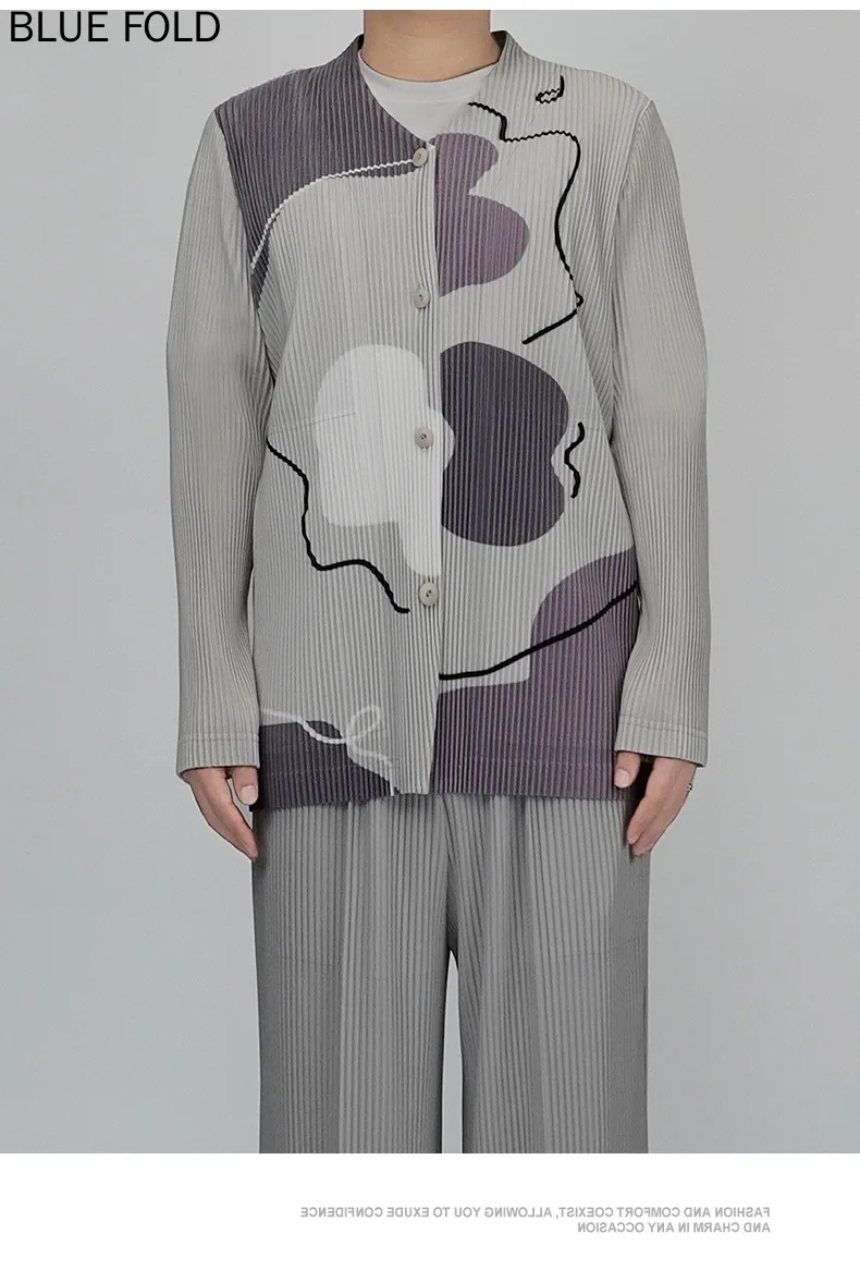 Miyake Printed Long-sleeved Jacket for Men, Pleated Tops, Loose, New, Spring and Autumn