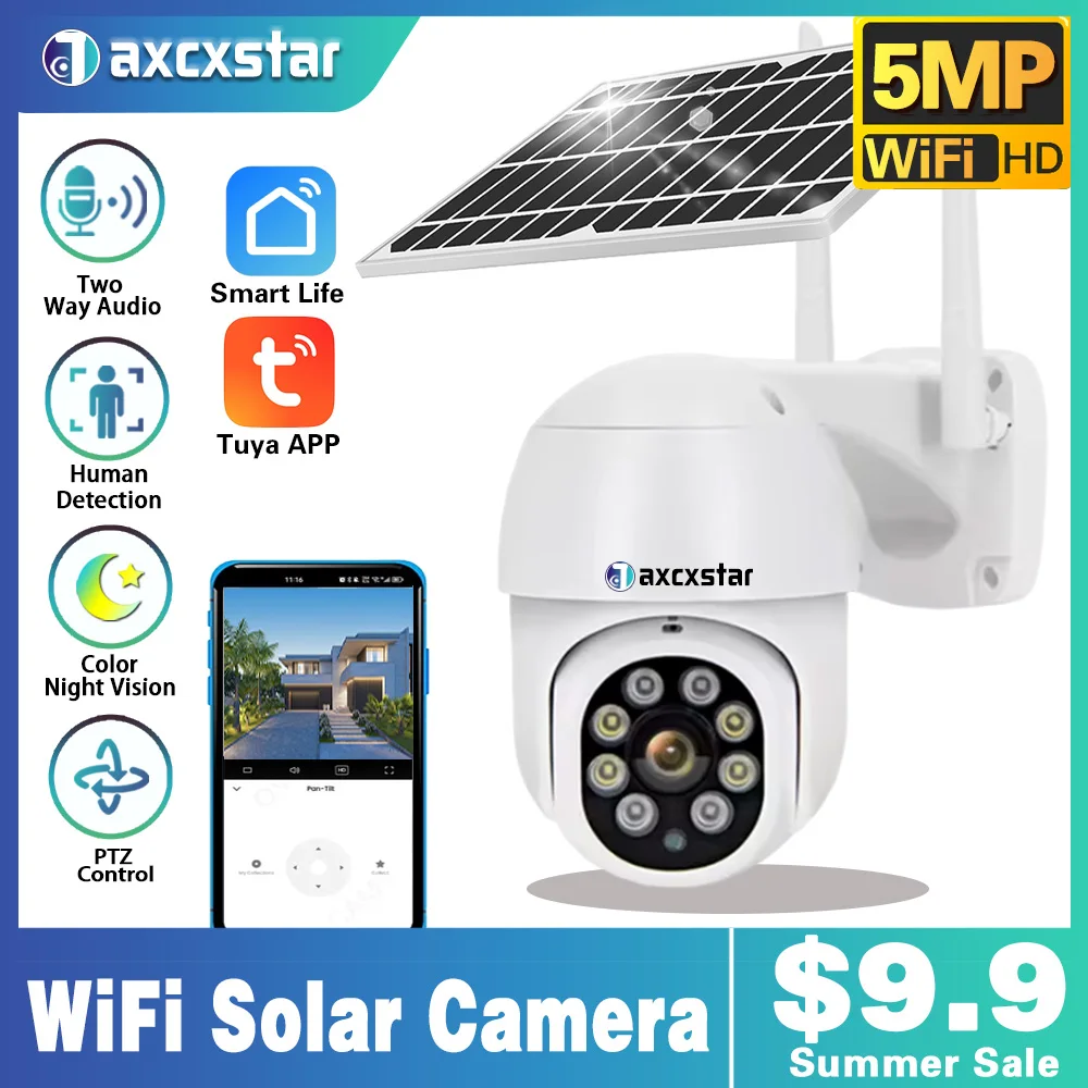 

Solar Camera WIFI Outdoor 5MP HD Wireless Security CCTV Waterproof Night Vision PIR Human Detect PTZ with Solar Panel Tuya APP