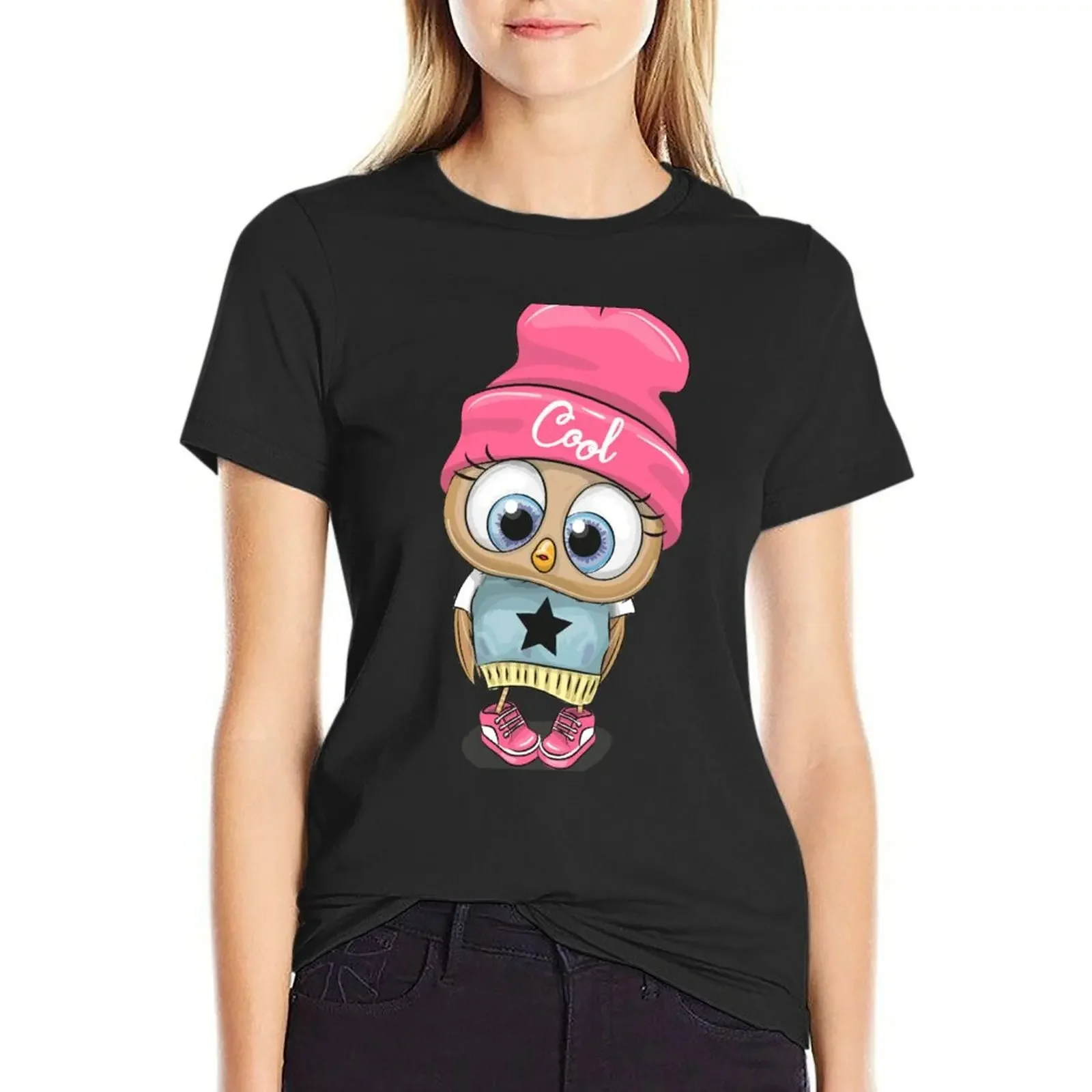 

Cute Owl Girl in a pink hat T-Shirt animal print shirt for girls customs plain quick drying t shirts for Womens