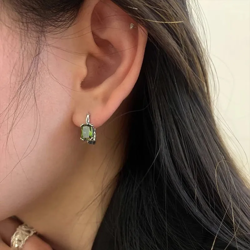 ENSHIR Green Zircon Square Hoop Earrings for Women Light luxry Retro Jewelry Wholesale Bouclesd Oreilles Femme Tendance