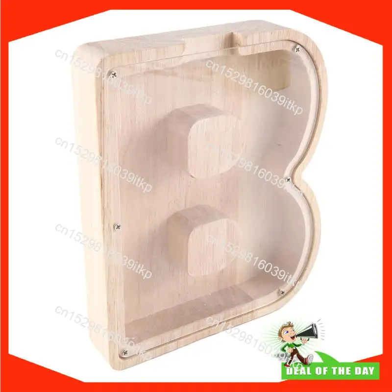 1 أغسطس قطعة خشبية رسالة أصبع البنك الإنجليزية الأبجدية توفير جرة الزجاج الشفاف عملة توفير جرة B