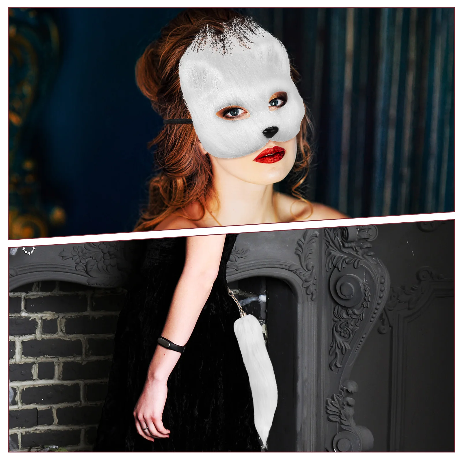 

Fox Mask Set White Fox Tail Half Mask Cosplay Props Lightweight Halloween Party Masquerade Costume Accessories Animal