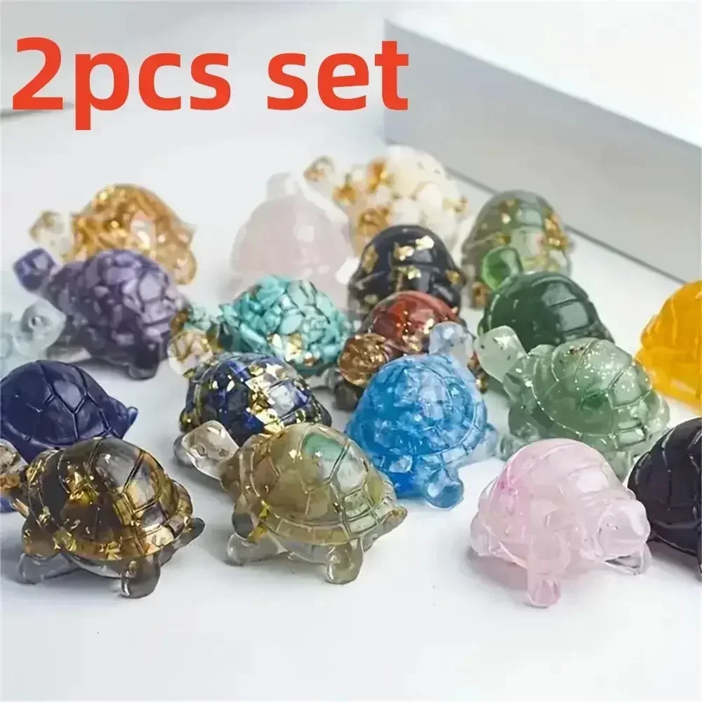 2 Stück natürlicher Kristallkiesstein mit Kunstharz umwickelte kleine Schildkröte – Desktop-Dekoration, Heimdekoration, Chakra-Meditation, Heilgeschenk