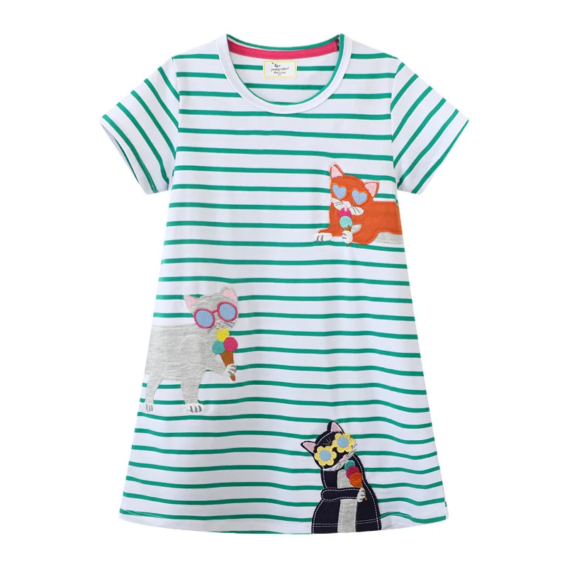 

Jumping Meters 2-7T New Arrival Fashion Girls Dresses Summer Striped Short Sleeve Cats Applique Fashion Cute Children Clothes