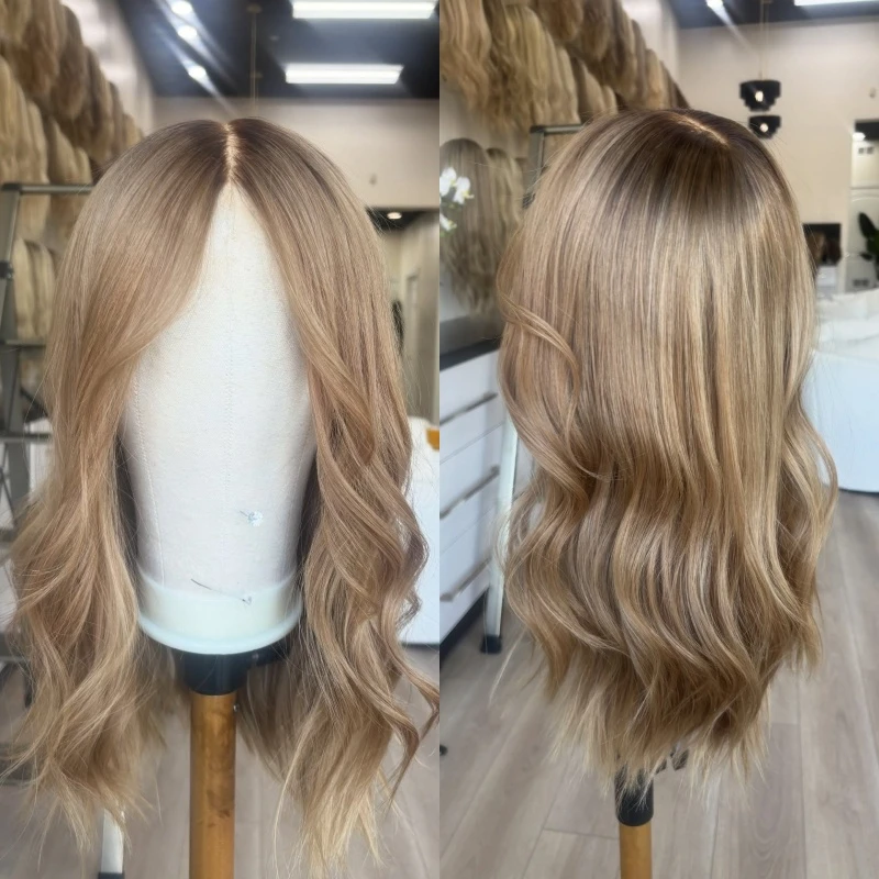 

Короткий парик с челкой 13x4, омбре, карамельно-коричневый, светло-русый, синтетический, с HD-кружевом, натуральные волны, термостойкий, из смешанных волокон и натуральных волос