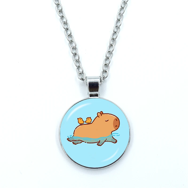 Capybara swimming Cartoon Necklace Glass Dome Cabochon Pendant Fashion Statement Crystal Necklace Wholesale