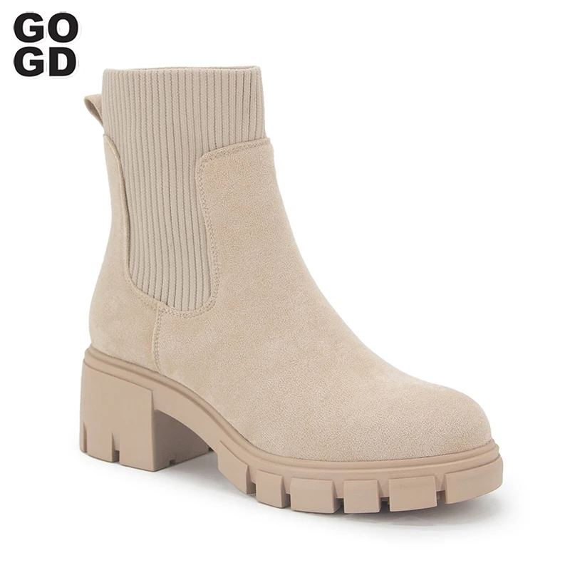 

GOGD Fashion Women's Ankle Boots New 2023 Thick-soled Short Boots Spring and Autumn Elastic Stocking Chelsea Boots Slip-On Shoes