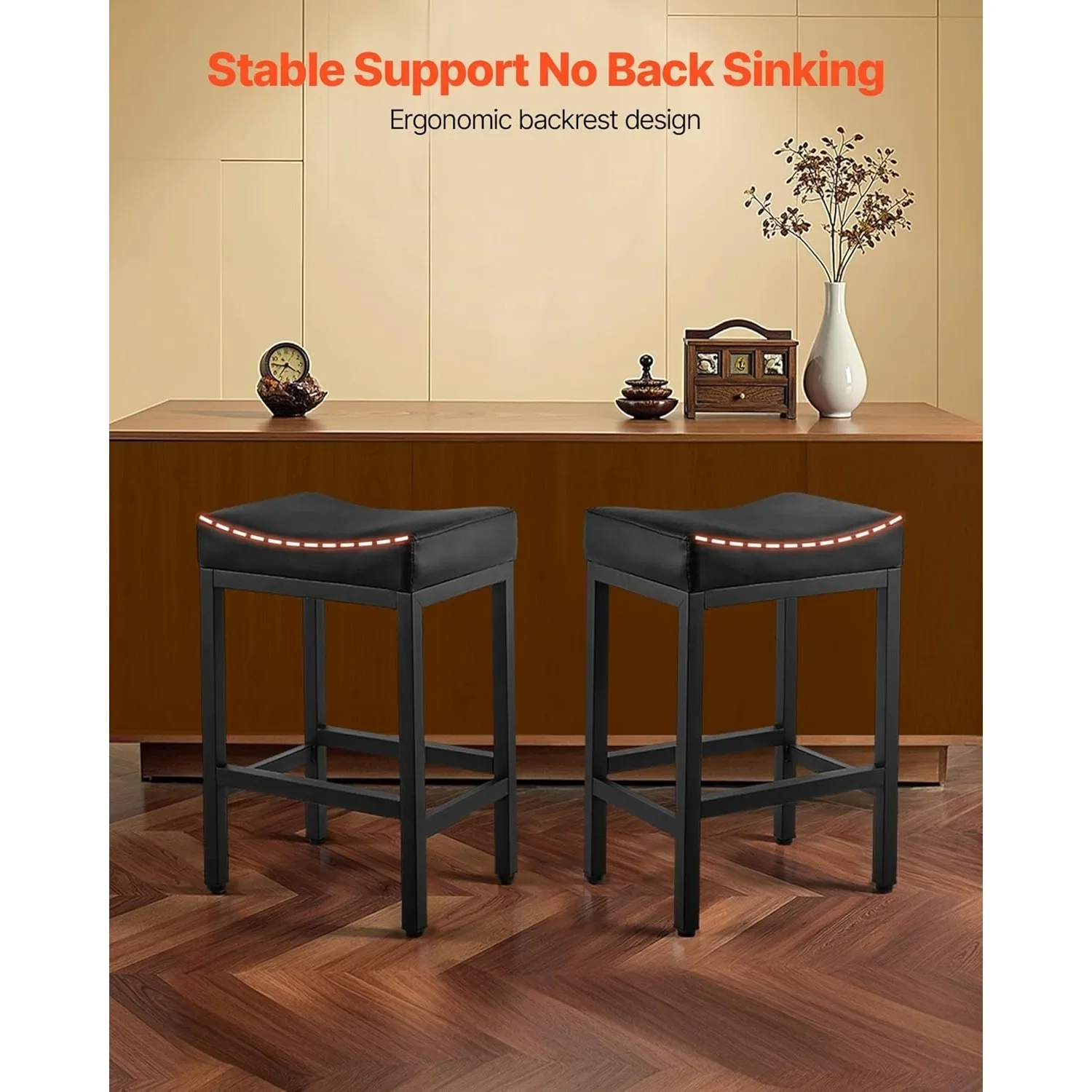 Conjunto de bancos de bar modernos de couro PU de 25 polegadas, bancos de altura de balcão com pernas de metal e assento de sela para ilha de cozinha, bar e decoração de casa