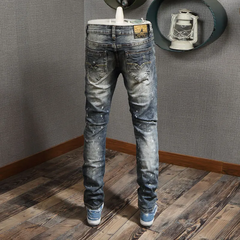 Fashion Trendy Men Jeans Retro Washed Gray Blue Elastic Slim Fit Painted Ripped Jeans Men Vintage Designer Denim Pants Hombre