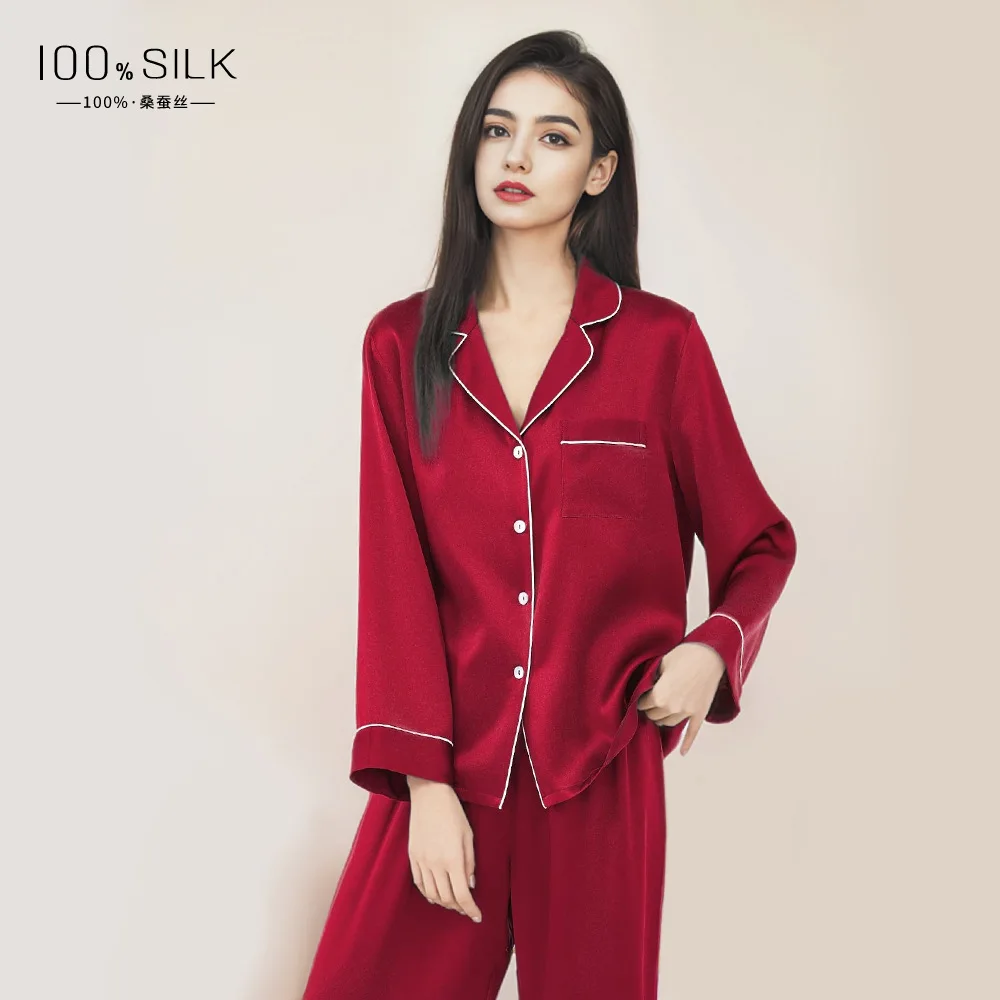 High Quality 19momme Heavy Real Silk Pajamas Women's 2024 Spring and Autumn Long Sleeve Trousers Suit Home Wear