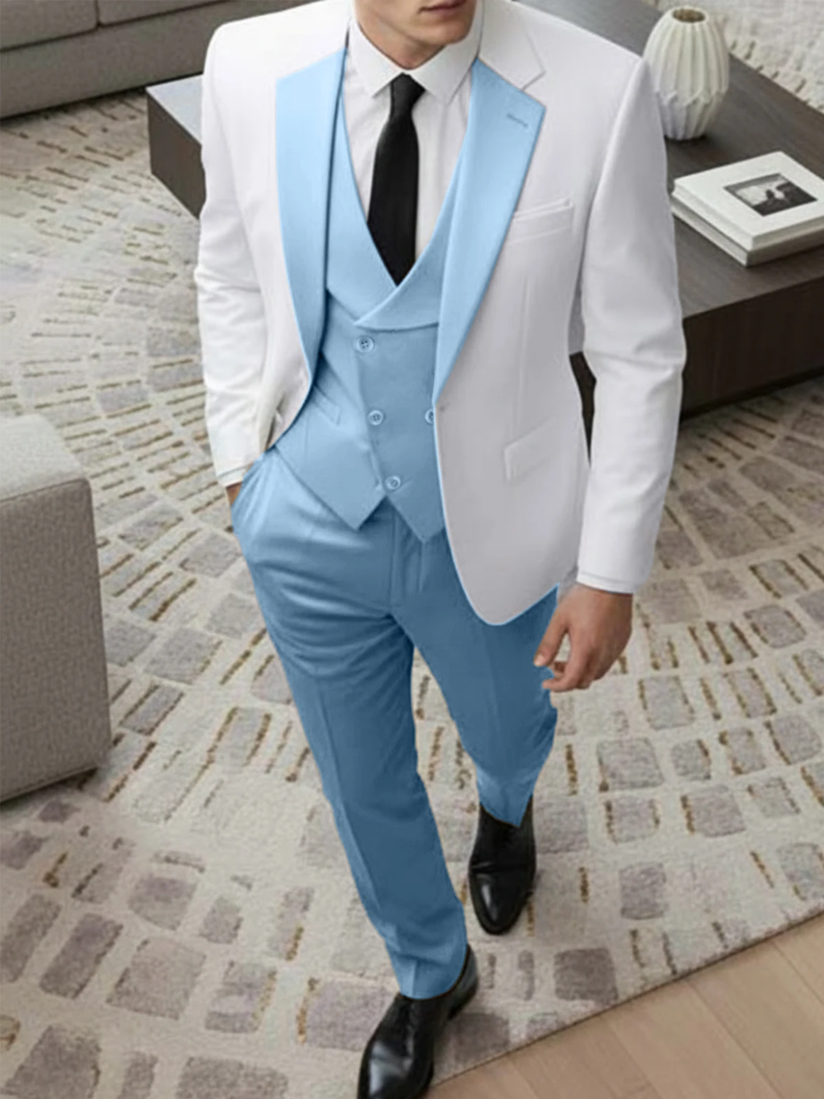 Formal Men's Suit 3 Pieces Splicing Peak Lapel Double Breasted Prom Tuxedos for Groomsmen Customized (Blazer+Vest+Pant)