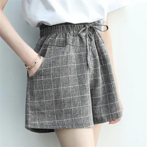夏のチェック柄ルーズ痩身弾性ワイドレッグスカートパンツ