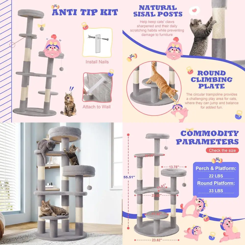 

Многоуровневый кошачий комплекс 55.5 для дома с мягкими плюшевыми лежанками, сизалевыми когтеточками, полукруглыми платформами, доской для прыжков, подвесным мячом