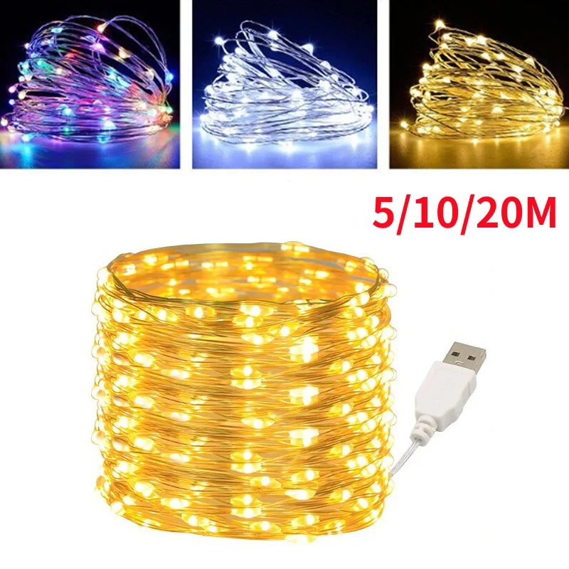 3pcs 5/10/20m Kupferdraht führte Weihnachts lichter String USB-Lampe wasserdicht Neujahrs girlande Lichterkette Hochzeits feier Dekor – Detail 4