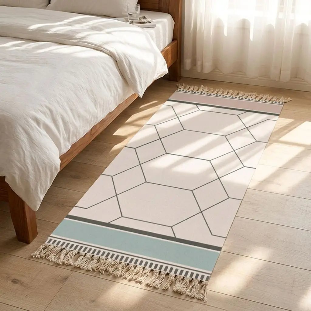 2026 Minimalist Style Tassel Area Rug Machine Washable Non-Slip Low Pile Cotton Linen Printing Reversible Sustainable for Bedroo