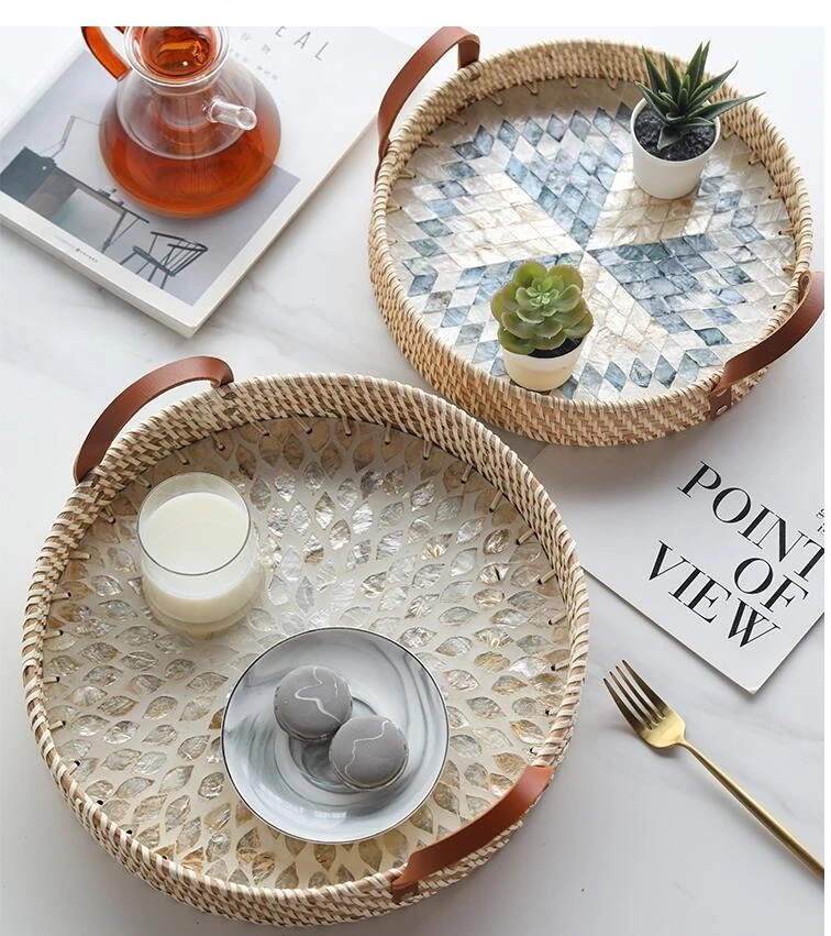 handmade decorative trays American rattan storage baskets weed Leather binaural fruit plate bread basket