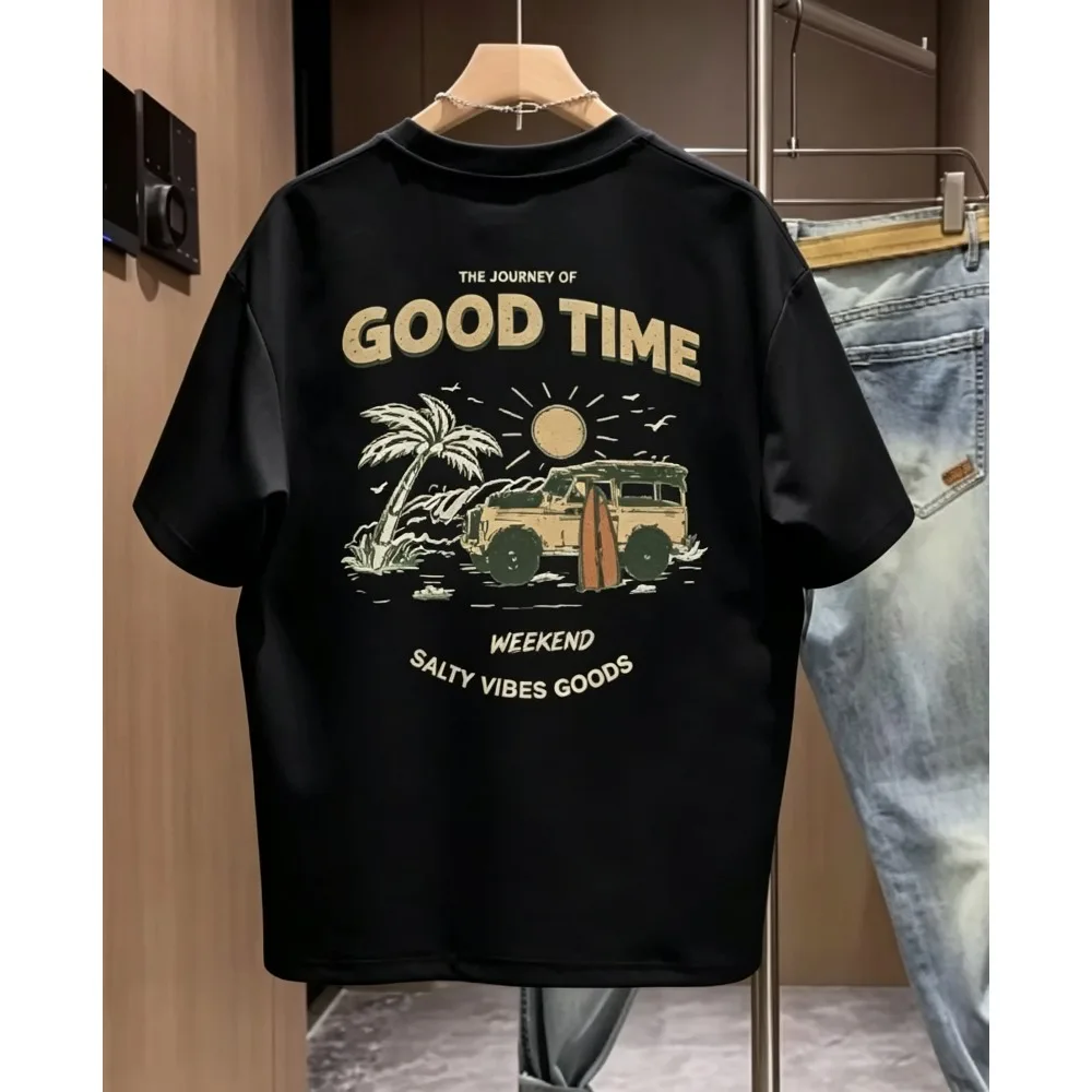 2026 New Men Casual Short Sleeve T-shirt Vintage Camper Van Beach Graphic GOOD TIME Art Font Palm Sun Surfboard Element