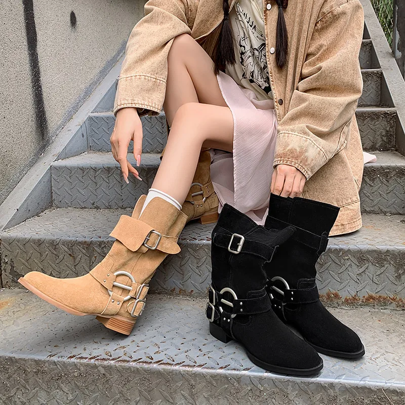 

MKKHOU Fashion Mid Length Boots Women High-Quality Suede Pointed Buckle Short Boots Street Style Calf Boots Western Cowboy Boots