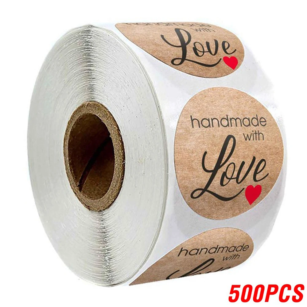 100-500 Stuks 1Inch Vintage Kraftpapier Handgemaakt Met Liefde Stickers Voor Pakket Dank U Briefpapier Zelfklevende Etiketten bakken Seals