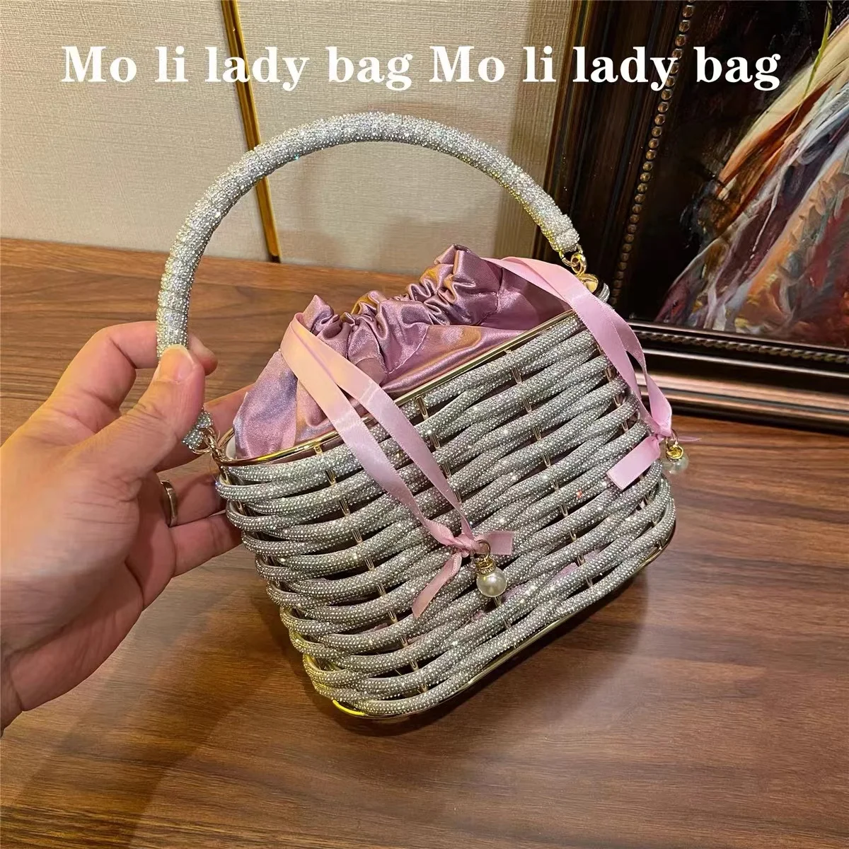 Luxury Metal Cage Rhinestone Rope Woven Women Handbag Glitter Shiny Diamond Evening Bag Wedding Party Clutch Purse Crossbody Bag