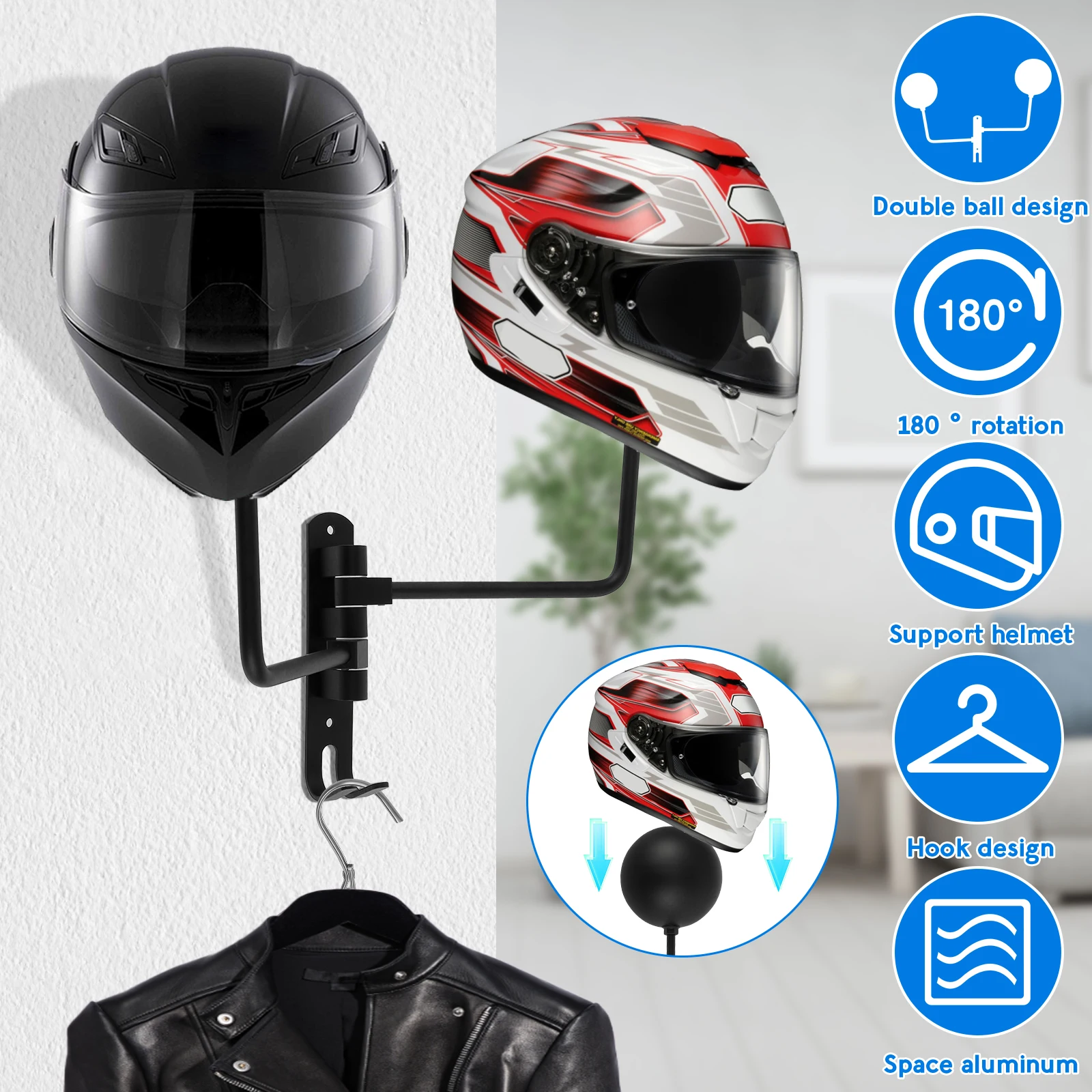 

2PCS Single/Dual-Ball Motorcycle Helmet Holder Wall Mount Bike Helmet Rack 180°Rotation Helmet Hanger Steel with Hook Metal Rack