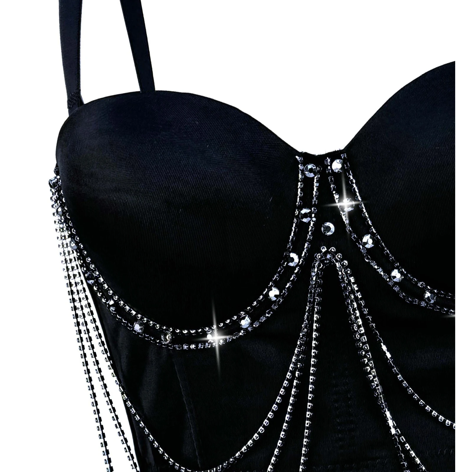 

Women Shiny Chain Tassel Bustier Bra Tops Rhinestones Push-up Underwire Boned Corset Crop Camisole Tank Top for Nightclub Party