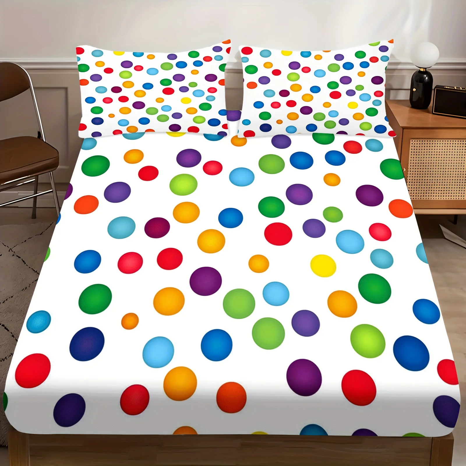 Colorful Polka Dot Printed Fitted Sheet and Pillowcase Three-Piece Set, 2D Digital Printed Three-Piece Bedding Set (Includes 1 Fitted Sheet + 2 Pillowcases), 3-Piece Set, Large Deep Pocket 2D Printed Fitted Sheet and 2 Pillowcases, Fitted Elastic Sheet, Protective Cover, Mattress Protector, Machine Washable Design, Holiday Decoration, Various Sizes, Breathable Protective Cover Plus Pillowcase