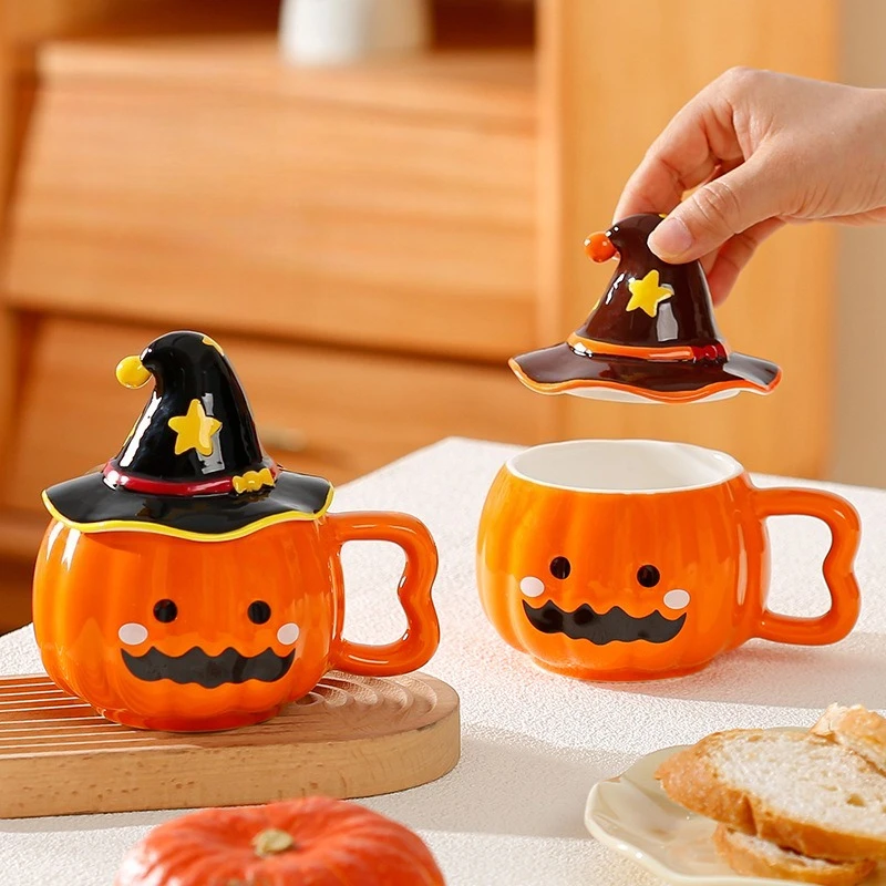 

Creative Halloween Gift Pumpkin Cup with Lid Handheld Gift for Home Use Mug for Children Ceramic Gift