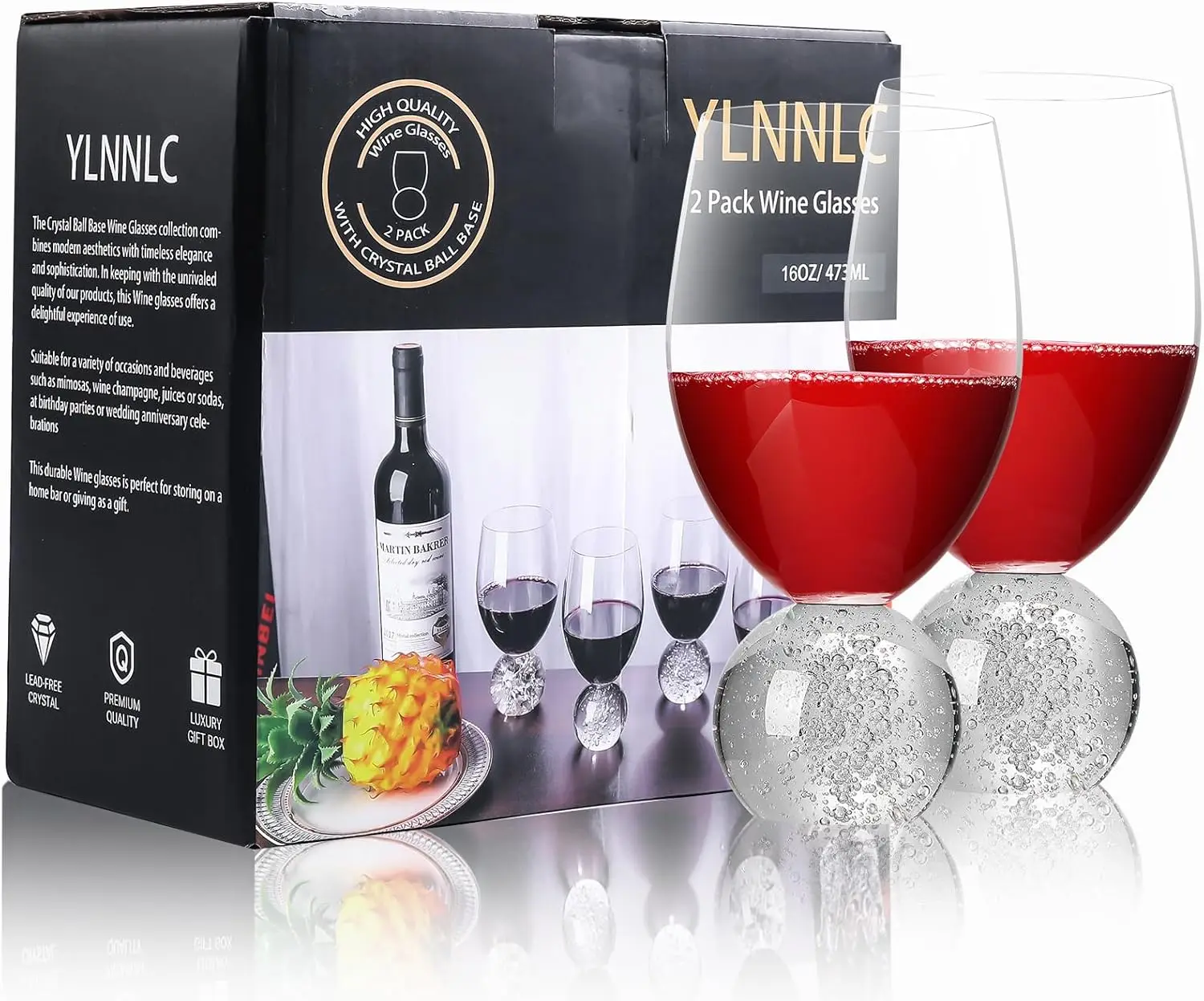 

16oz Stemless Wine Glasses Set of 2, Lead-free, Red & White Wine Glasses with Crystal Ball Base for Daily Use, Party, Ho