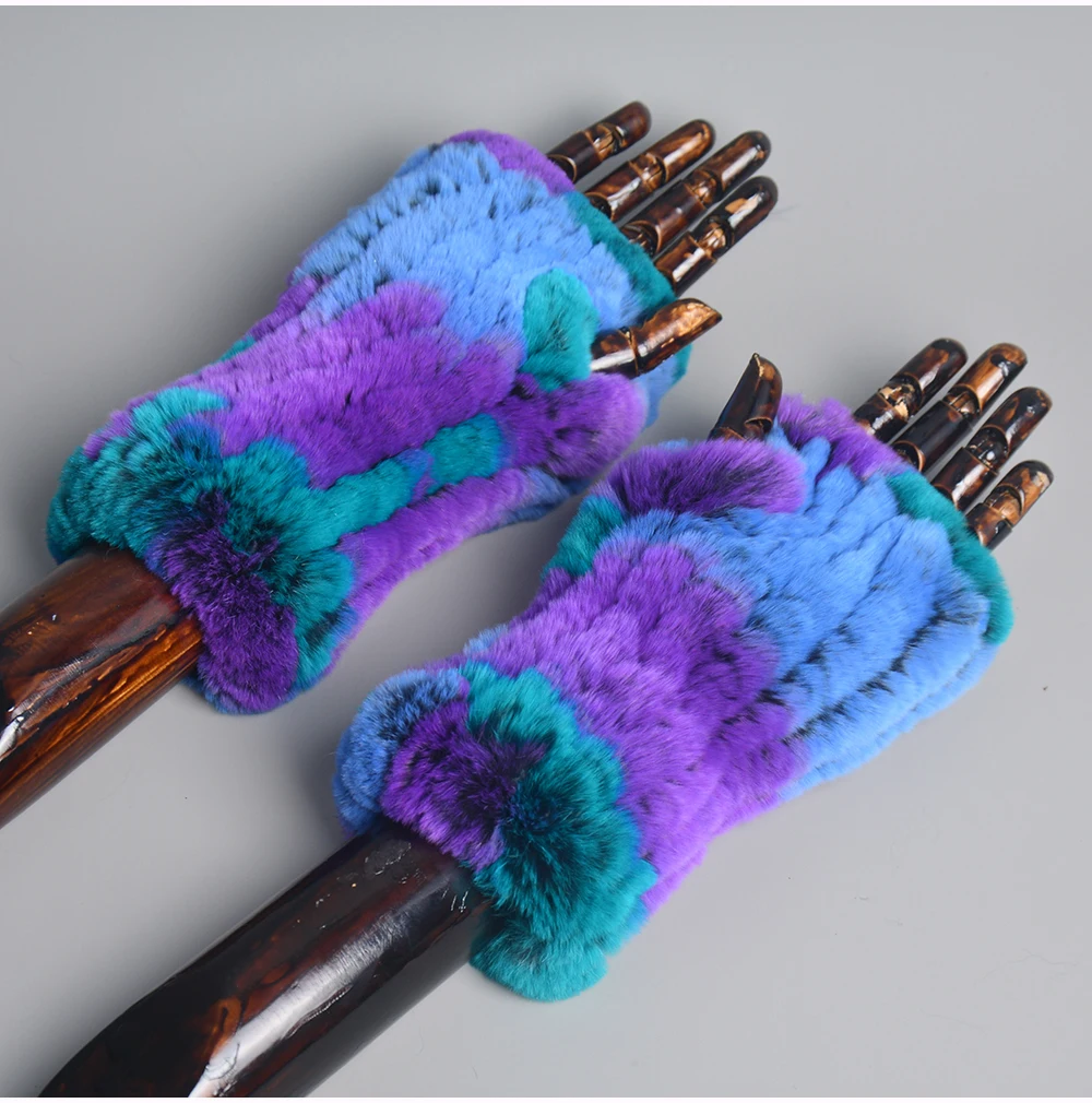 New Women 100% Real Genuine Knitted Rex Rabbit Fur Mittens Winter Warm Lady Real Fur Fingerless Gloves Handmade Knit Fur Mitten