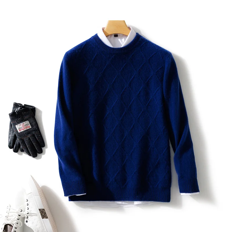 New Men\'s O-neck Diamond Grid Pullover 100% Pure Cashmere Wool Soft Sweater Autumn Winter Casual Thick Basis Large Size Top