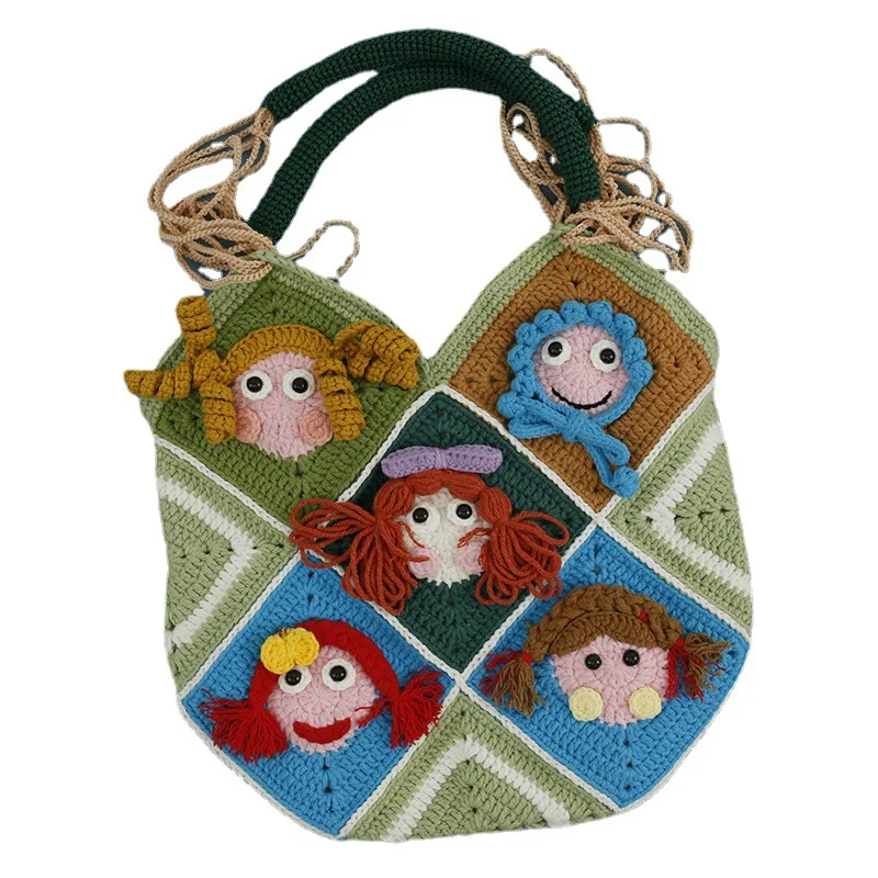 

Creative Cartoon Hand-woven Shoulder Bag, Personalized Girl Checkered Splicing Bag, Wool Crocheted Women's Bag