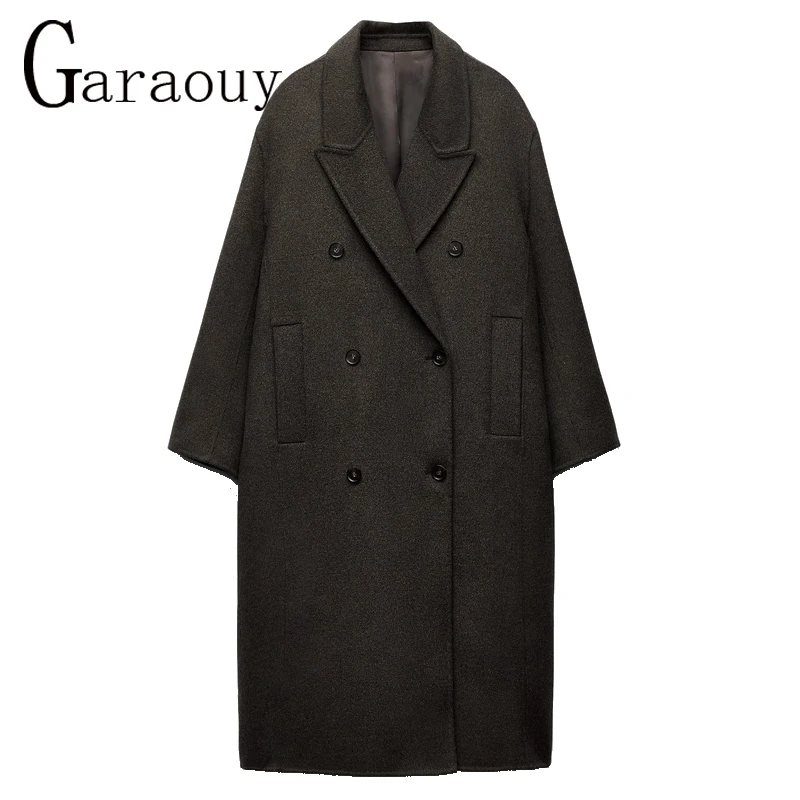 Garaouy 2024 Spring Women Vintage Double Breasted Lapel Woolen Overcoat Office Lady Casual Mid Length Wool Coat Female Outwear