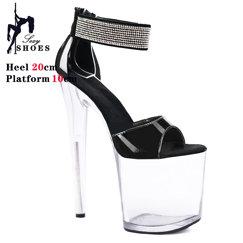 20cm/8inchs High-heeled Sandals Women\'s Summer Strap Thin Heel Black Sandals Stripper Pole Dance Dress Models Nightclub Shoes