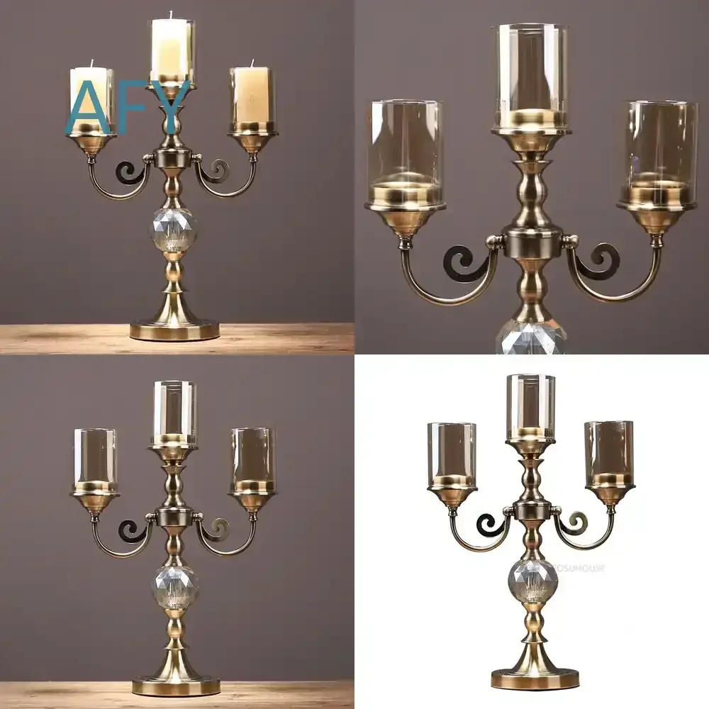 American Metal Glass Candle Holder for Restaurant Home Decor Three Headed Candle Holder for Living Room Bedroom Entryway