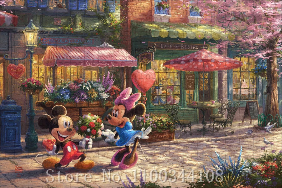 Puzzle en bois de dessin animé Disney, jouets éducatifs pour enfants, 300/500/1000 pièces, Mickey, Minnie Mouse, fleurs, décompression