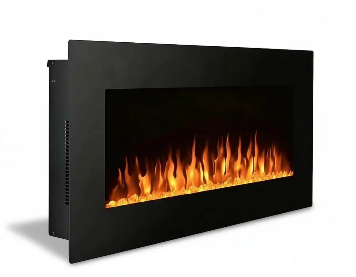 

Настенный электрический камин, 60-дюймовая вставка из холоднокатаной стали с RGB LED-подсветкой, обогреватель с реалистичным пламенем из закаленного стекла